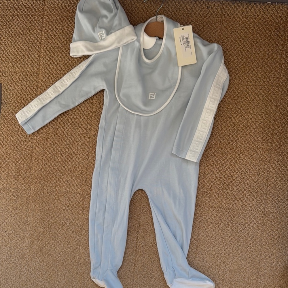 Fendi Light Blue Baby Footie Set with Hat and bib  NWT 18 month